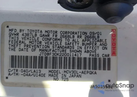 2002 Toyota Camry Xle V6 from USA, damaged, VIN JTDBF30K220011417